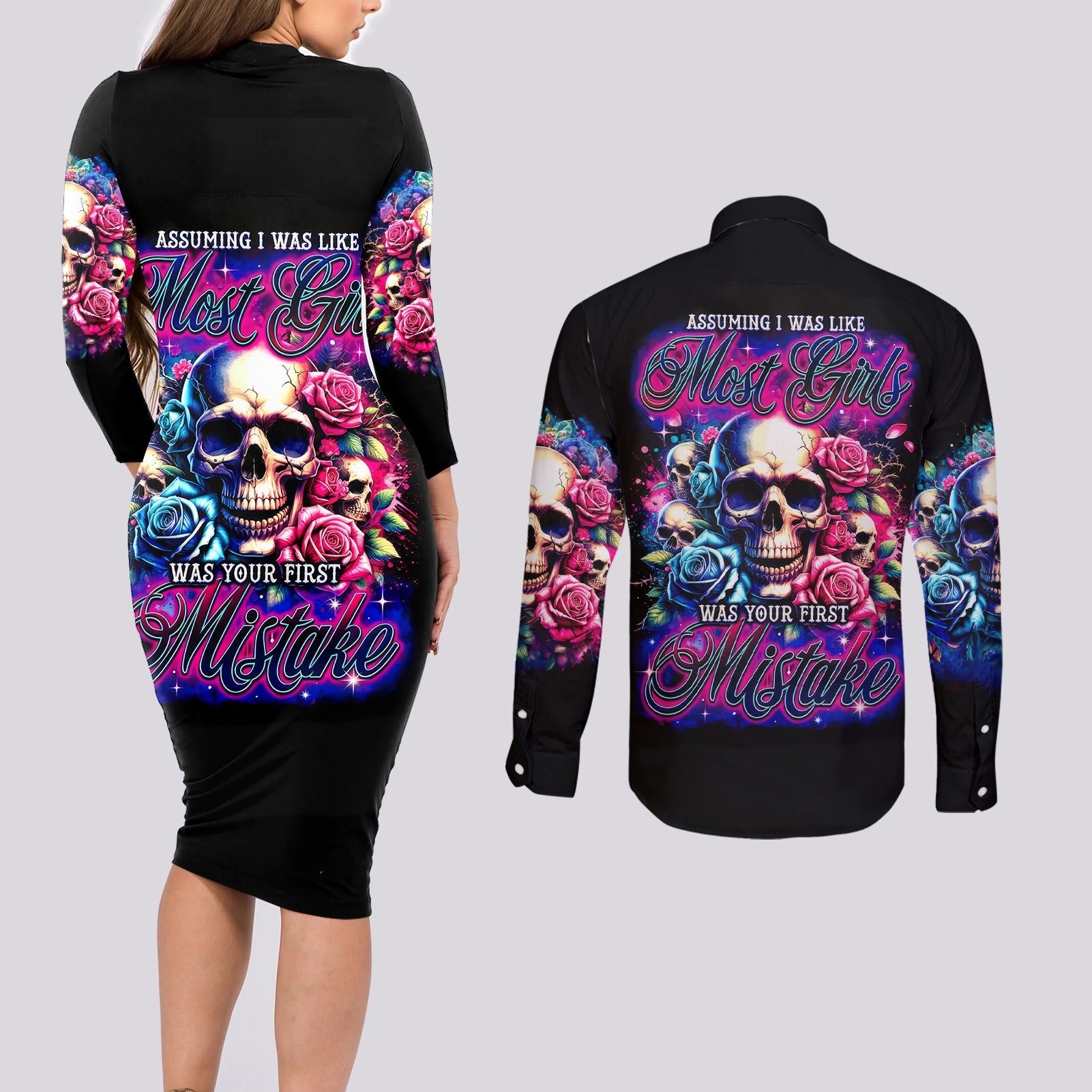 Rose Skull Couples Matching Long Sleeve Bodycon Dress and Long Sleeve Button Shirt Assuming I Was Like Most Girls Was Your First Mistake - Wonder Print Shop