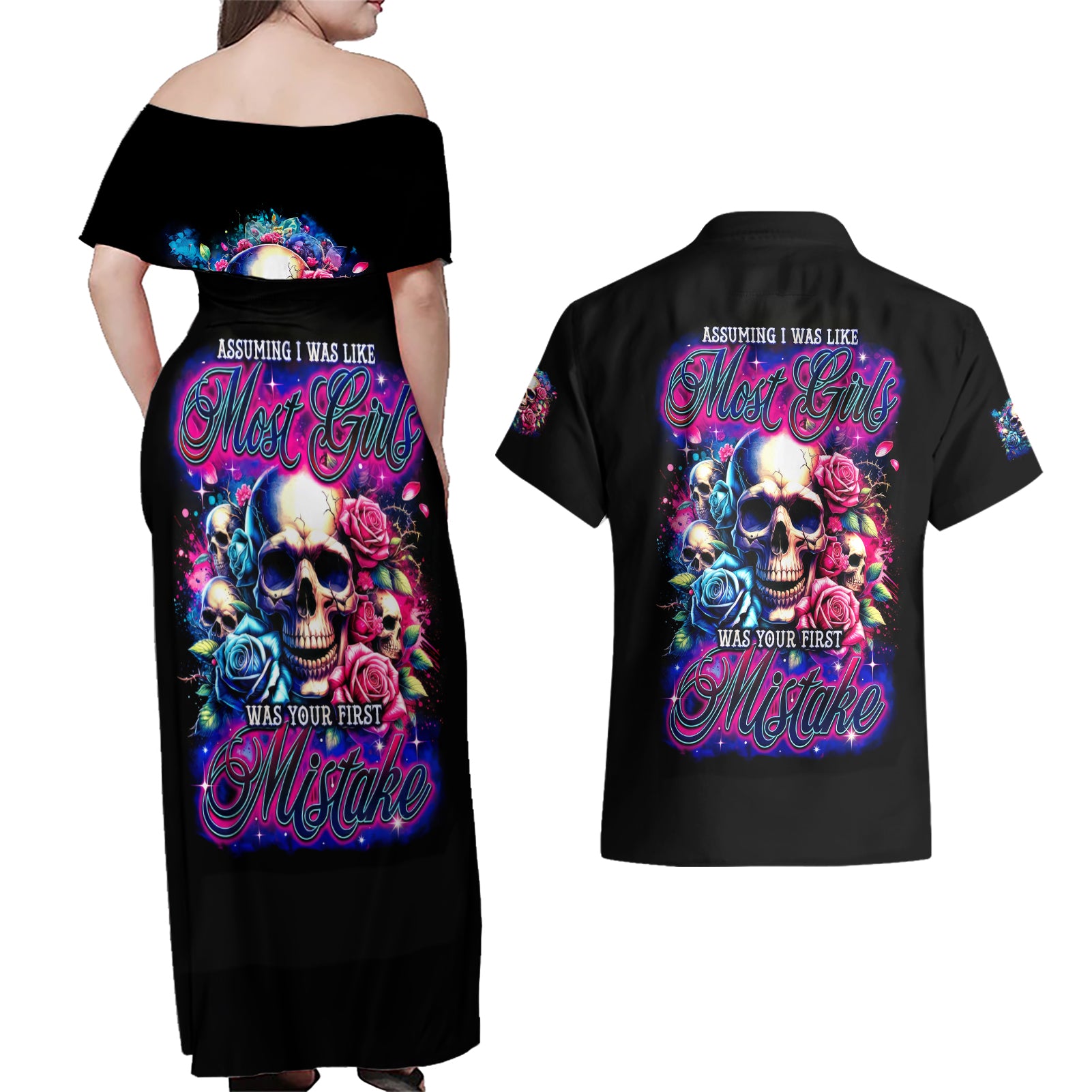 Rose Skull Couples Matching Off Shoulder Maxi Dress and Hawaiian Shirt Assuming I Was Like Most Girls Was Your First Mistake - Wonder Print Shop