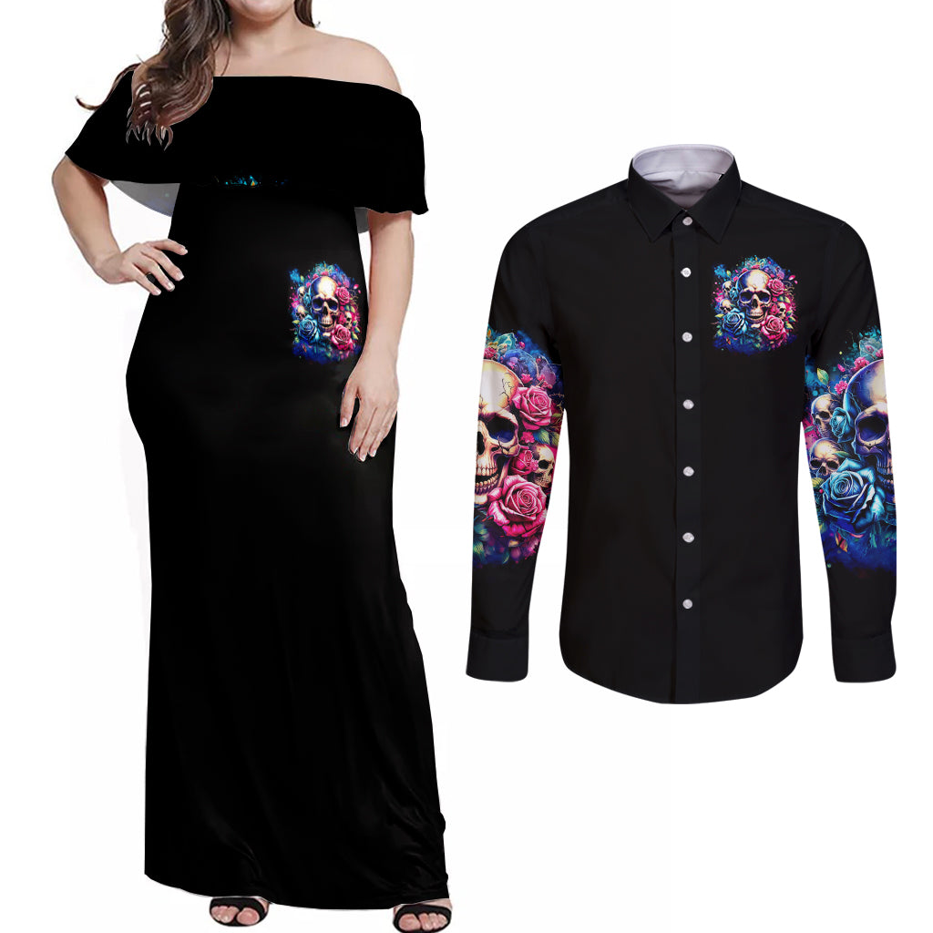 Rose Skull Couples Matching Off Shoulder Maxi Dress and Long Sleeve Button Shirt Assuming I Was Like Most Girls Was Your First Mistake - Wonder Print Shop