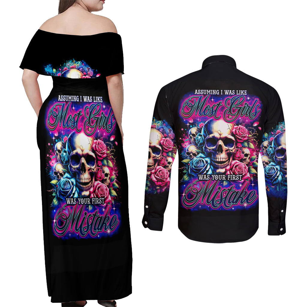 Rose Skull Couples Matching Off Shoulder Maxi Dress and Long Sleeve Button Shirt Assuming I Was Like Most Girls Was Your First Mistake - Wonder Print Shop
