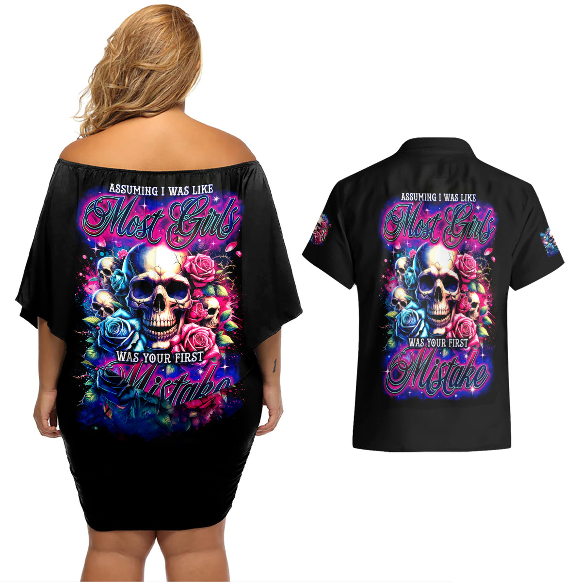 Rose Skull Couples Matching Off Shoulder Short Dress and Hawaiian Shirt Assuming I Was Like Most Girls Was Your First Mistake - Wonder Print Shop