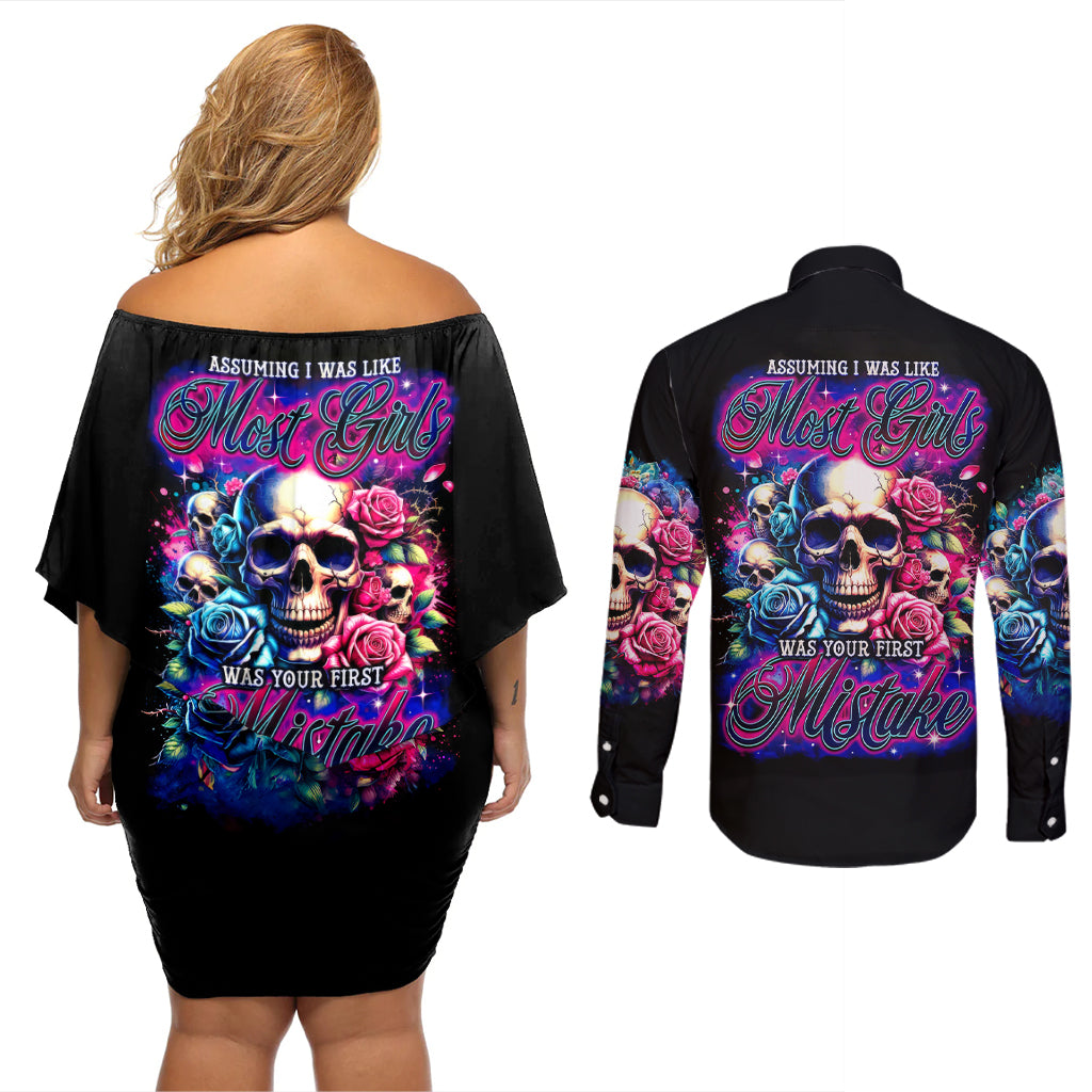 Rose Skull Couples Matching Off Shoulder Short Dress and Long Sleeve Button Shirt Assuming I Was Like Most Girls Was Your First Mistake - Wonder Print Shop