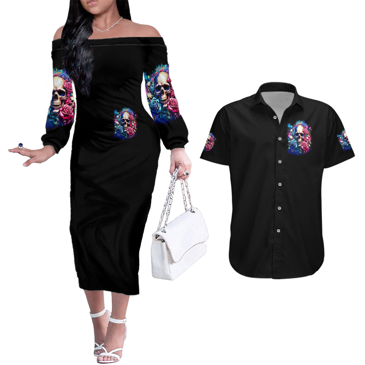 Rose Skull Couples Matching Off The Shoulder Long Sleeve Dress and Hawaiian Shirt Assuming I Was Like Most Girls Was Your First Mistake - Wonder Print Shop