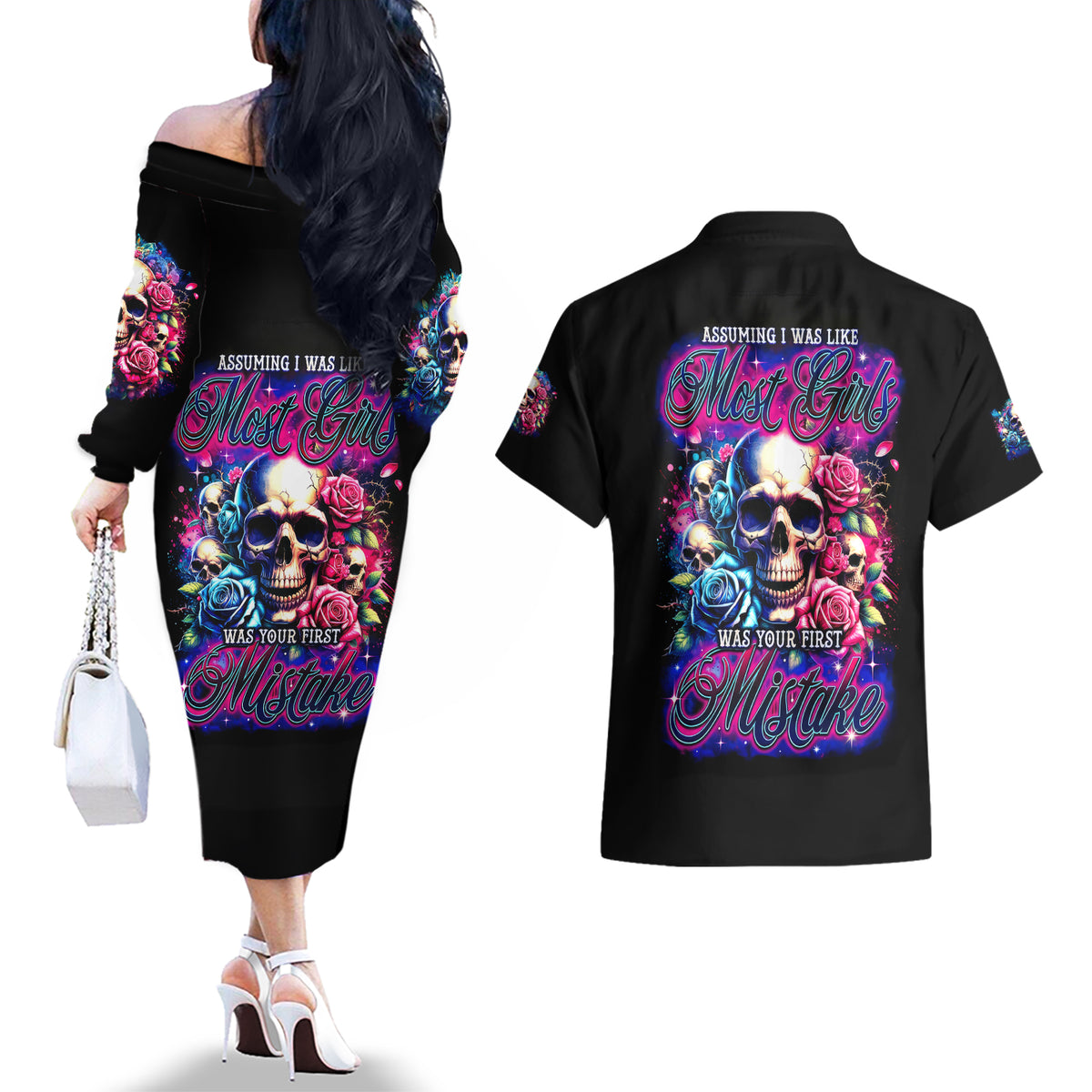 Rose Skull Couples Matching Off The Shoulder Long Sleeve Dress and Hawaiian Shirt Assuming I Was Like Most Girls Was Your First Mistake - Wonder Print Shop