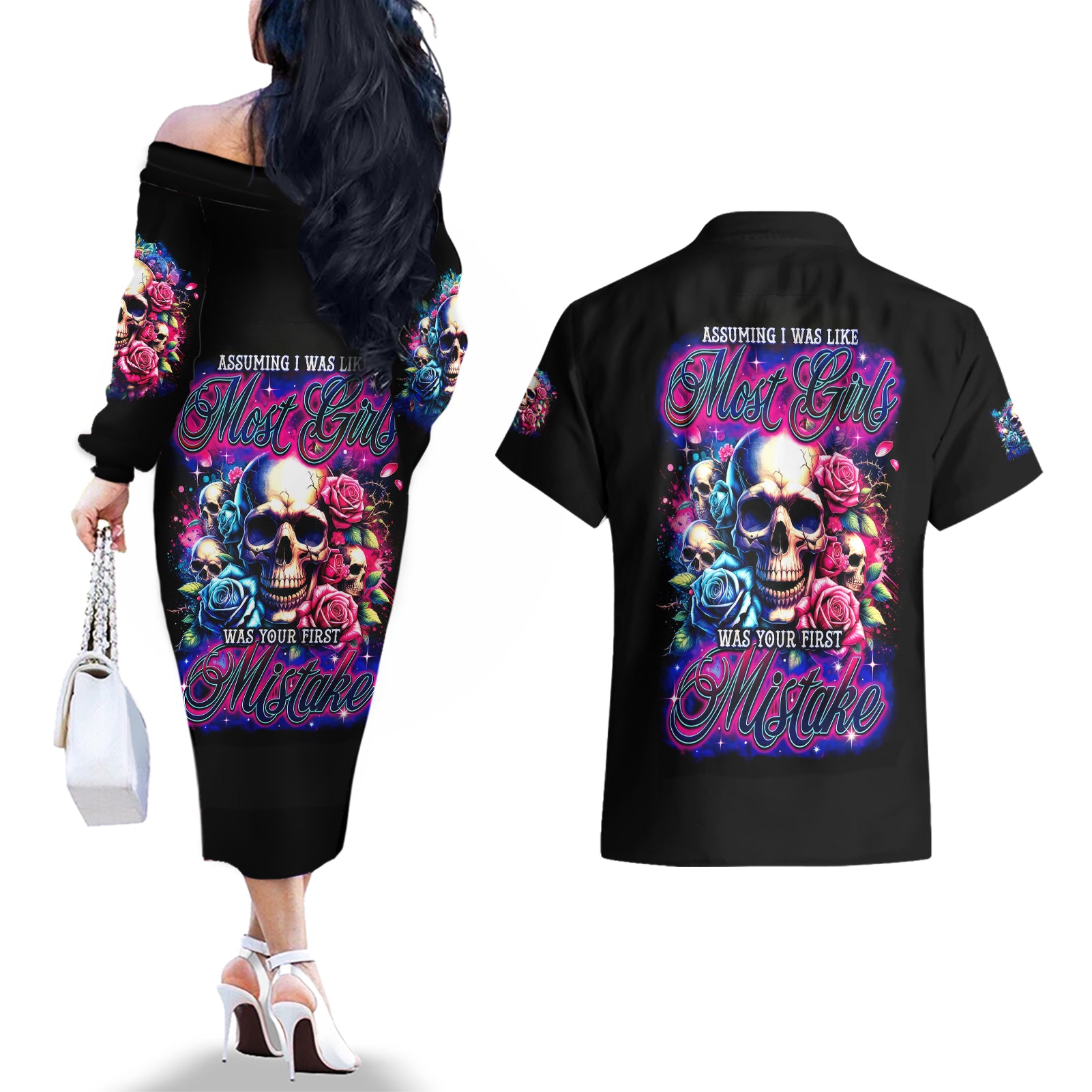 Rose Skull Couples Matching Off The Shoulder Long Sleeve Dress and Hawaiian Shirt Assuming I Was Like Most Girls Was Your First Mistake - Wonder Print Shop