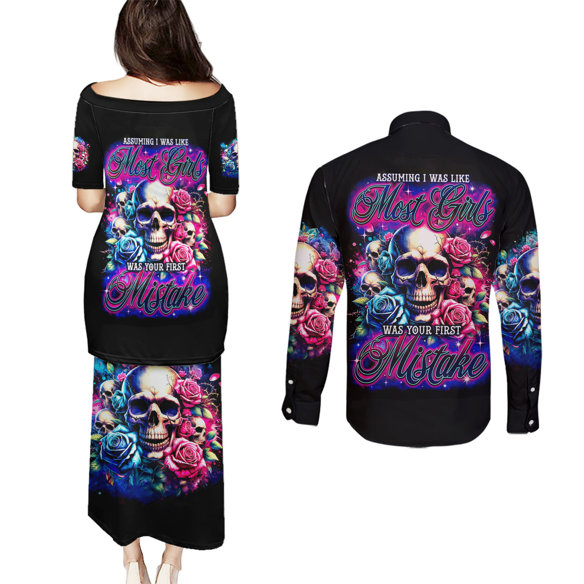 Rose Skull Couples Matching Puletasi and Long Sleeve Button Shirt Assuming I Was Like Most Girls Was Your First Mistake - Wonder Print Shop