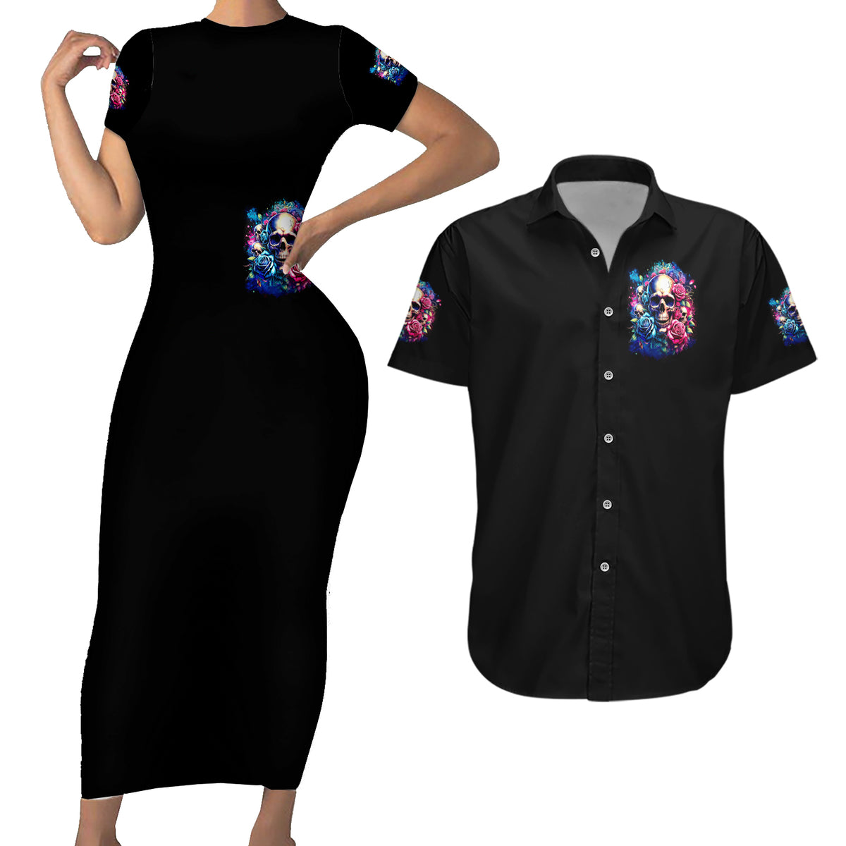 Rose Skull Couples Matching Short Sleeve Bodycon Dress and Hawaiian Shirt Assuming I Was Like Most Girls Was Your First Mistake - Wonder Print Shop