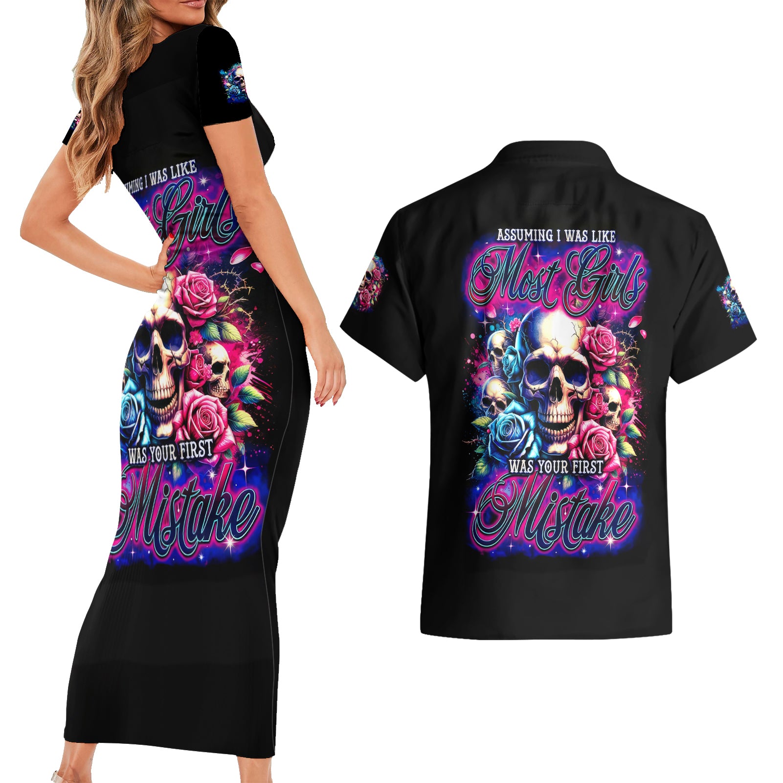 Rose Skull Couples Matching Short Sleeve Bodycon Dress and Hawaiian Shirt Assuming I Was Like Most Girls Was Your First Mistake - Wonder Print Shop