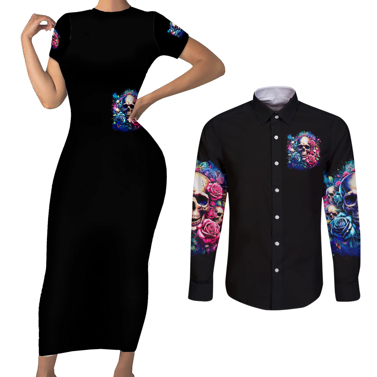 Rose Skull Couples Matching Short Sleeve Bodycon Dress and Long Sleeve Button Shirt Assuming I Was Like Most Girls Was Your First Mistake - Wonder Print Shop