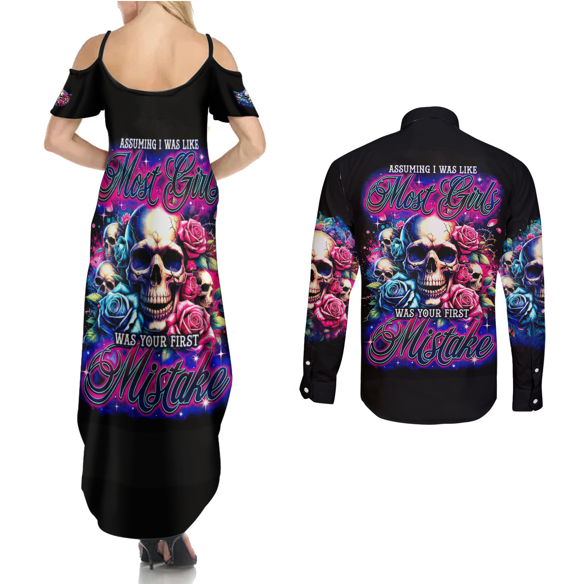 Rose Skull Couples Matching Summer Maxi Dress and Long Sleeve Button Shirt Assuming I Was Like Most Girls Was Your First Mistake - Wonder Print Shop