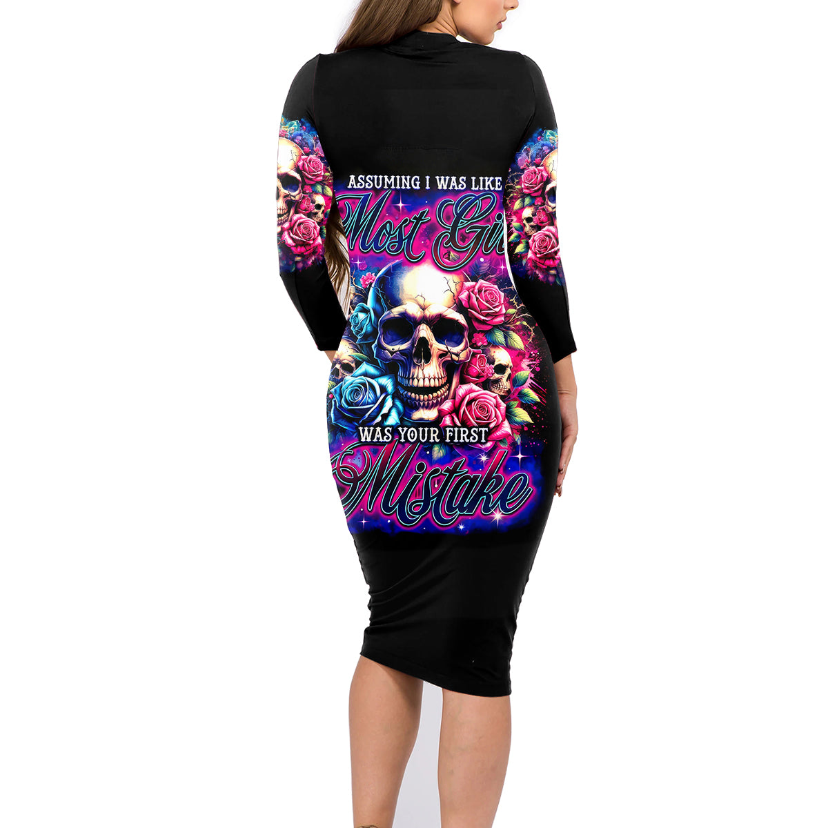 Rose Skull Family Matching Long Sleeve Bodycon Dress and Hawaiian Shirt Assuming I Was Like Most Girls Was Your First Mistake - Wonder Print Shop