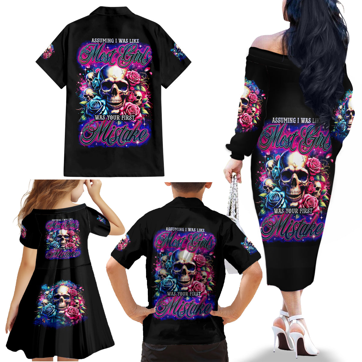 Rose Skull Family Matching Off Shoulder Long Sleeve Dress and Hawaiian Shirt Assuming I Was Like Most Girls Was Your First Mistake - Wonder Print Shop