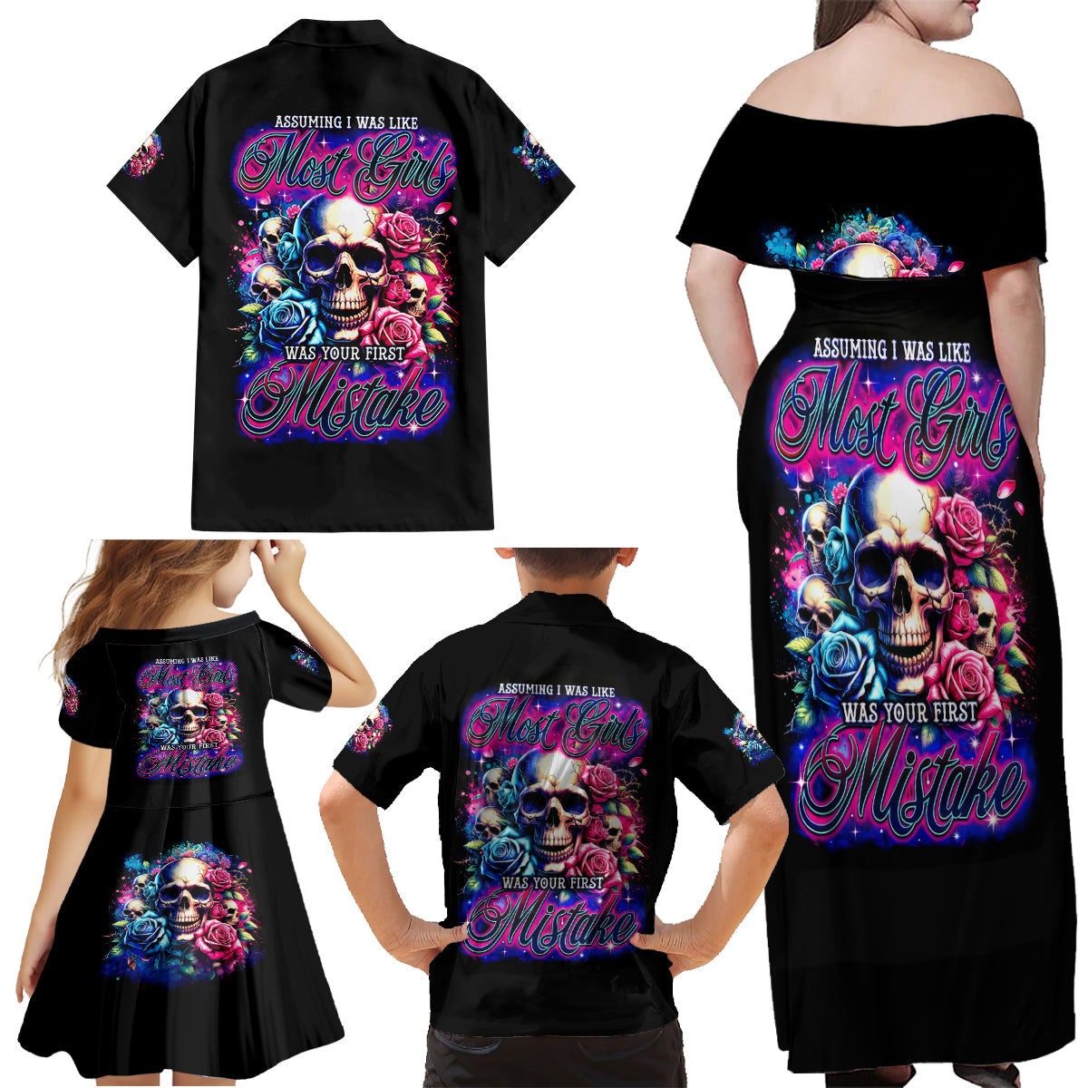 Rose Skull Family Matching Off Shoulder Maxi Dress and Hawaiian Shirt Assuming I Was Like Most Girls Was Your First Mistake - Wonder Print Shop