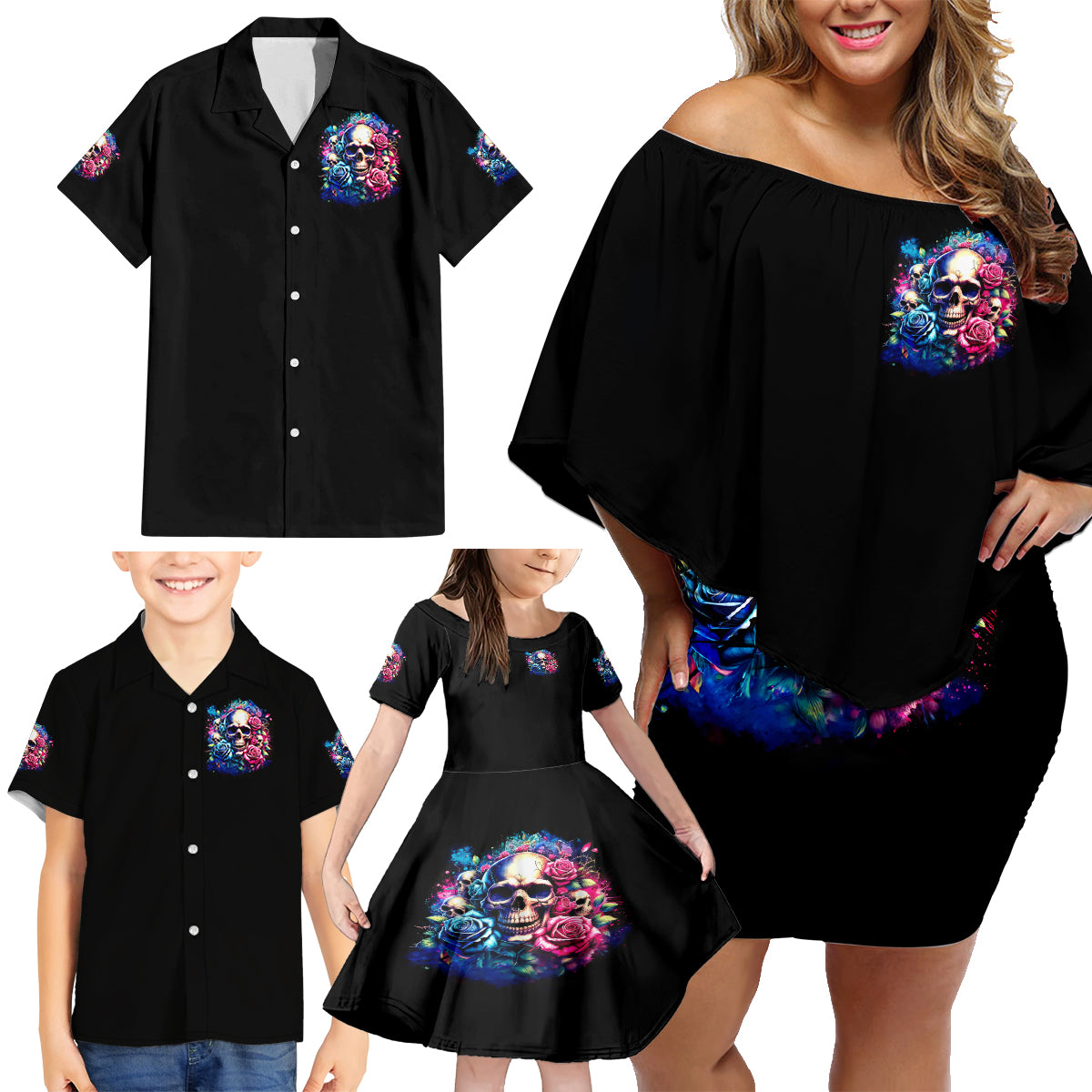 Rose Skull Family Matching Off Shoulder Short Dress and Hawaiian Shirt Assuming I Was Like Most Girls Was Your First Mistake - Wonder Print Shop