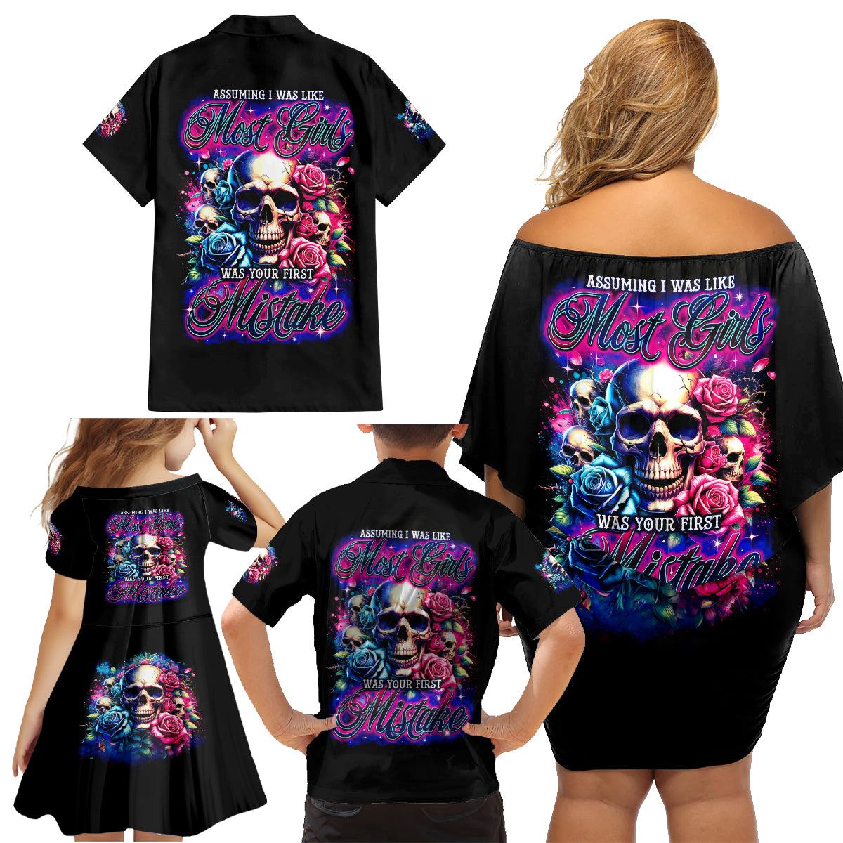 Rose Skull Family Matching Off Shoulder Short Dress and Hawaiian Shirt Assuming I Was Like Most Girls Was Your First Mistake - Wonder Print Shop
