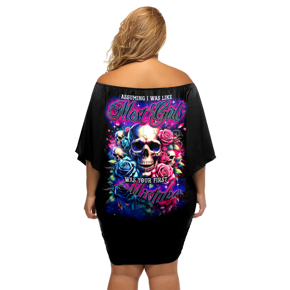 Rose Skull Family Matching Off Shoulder Short Dress and Hawaiian Shirt Assuming I Was Like Most Girls Was Your First Mistake - Wonder Print Shop