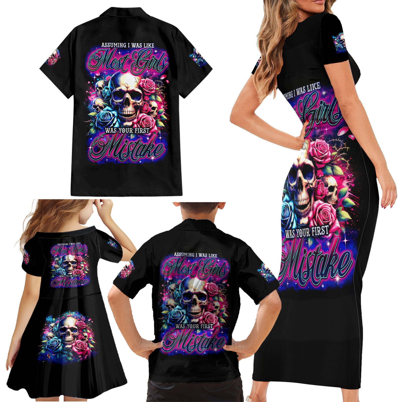 Rose Skull Family Matching Short Sleeve Bodycon Dress and Hawaiian Shirt Assuming I Was Like Most Girls Was Your First Mistake - Wonder Print Shop