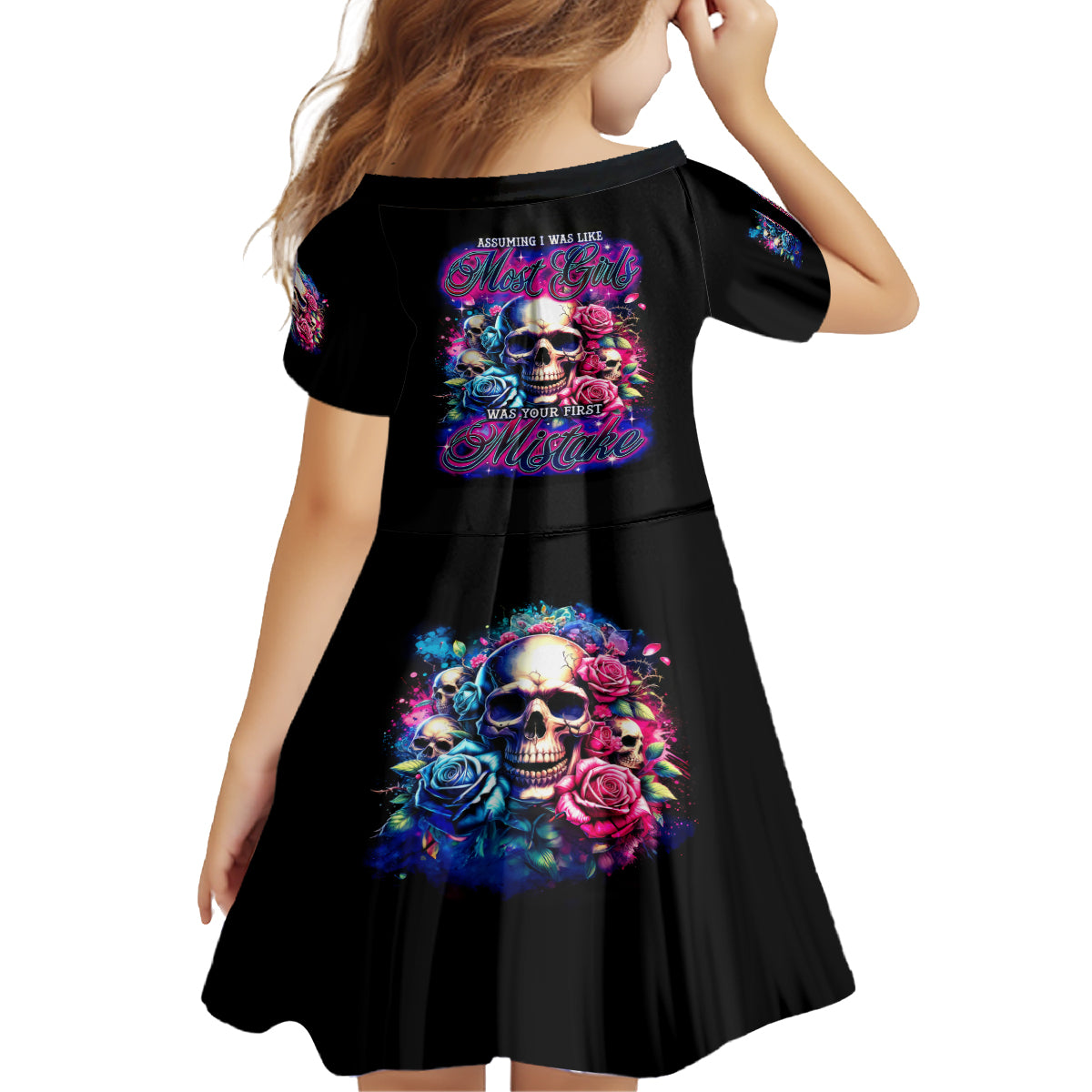 Rose Skull Kid Short Sleeve Dress Assuming I Was Like Most Girls Was Your First Mistake - Wonder Print Shop