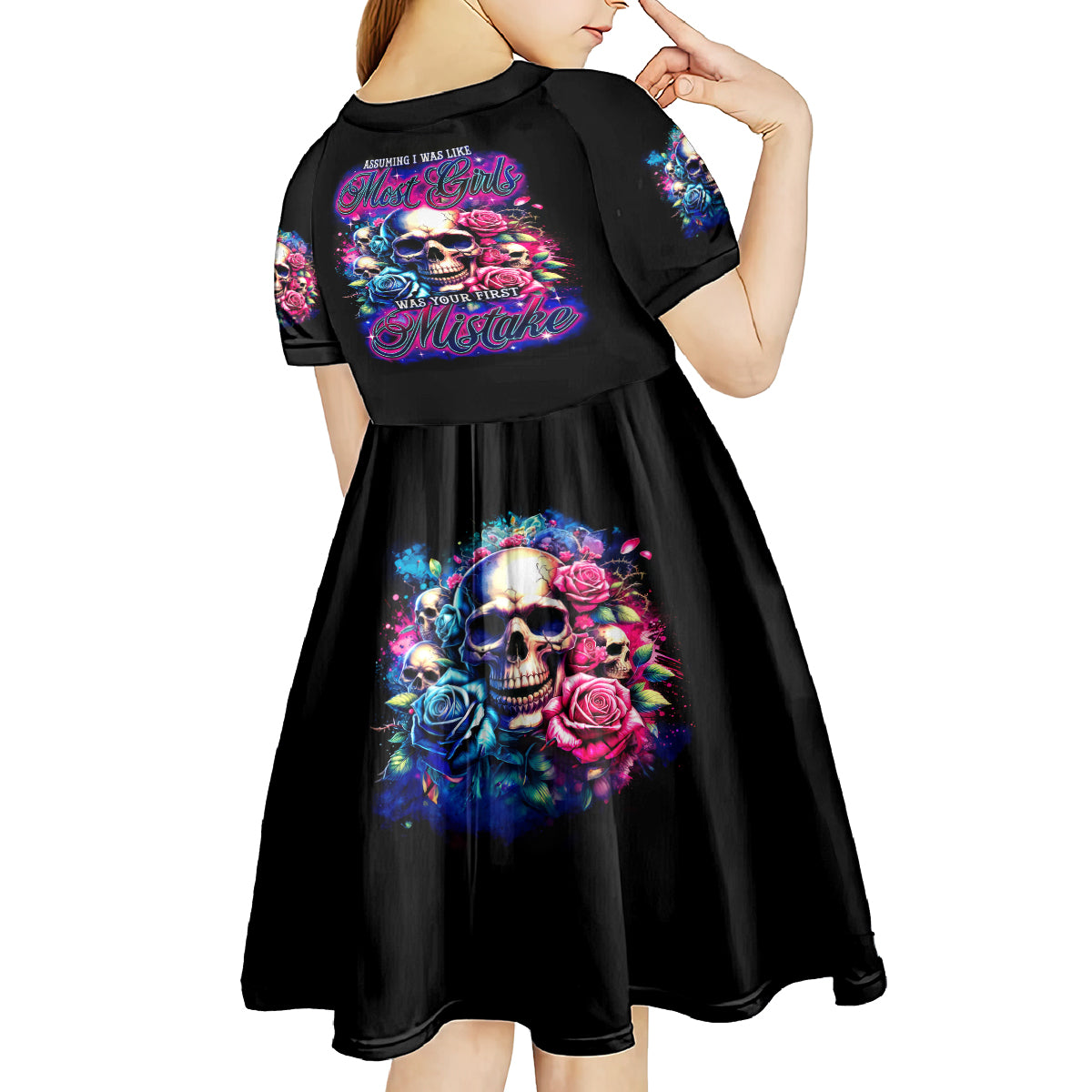 Rose Skull Kid Short Sleeve Dress Assuming I Was Like Most Girls Was Your First Mistake - Wonder Print Shop