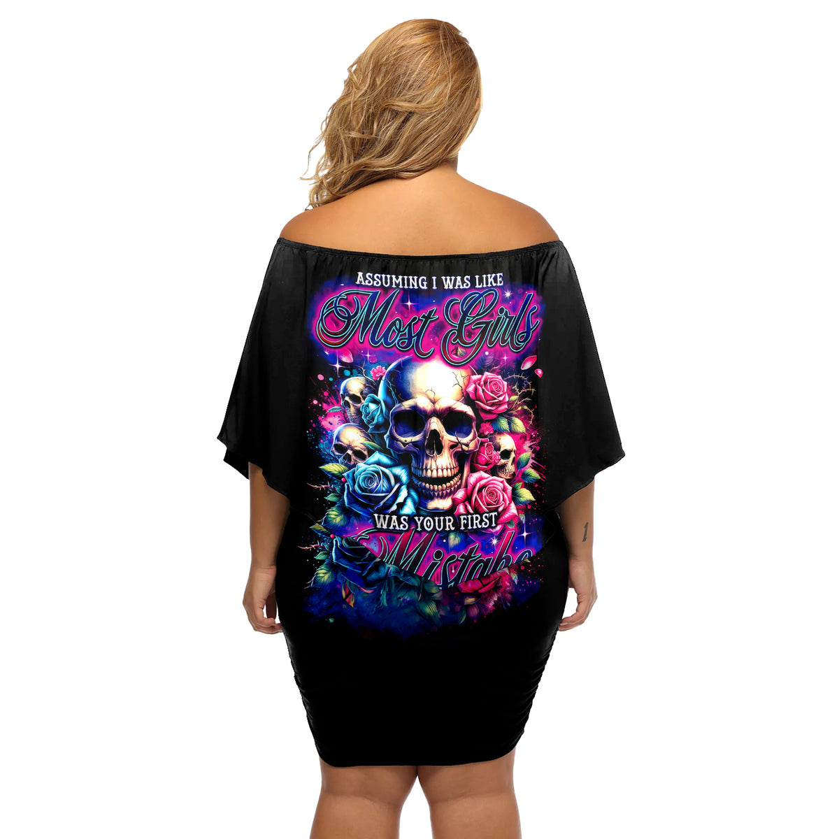 Rose Skull Off Shoulder Short Dress Assuming I Was Like Most Girls Was Your First Mistake - Wonder Print Shop