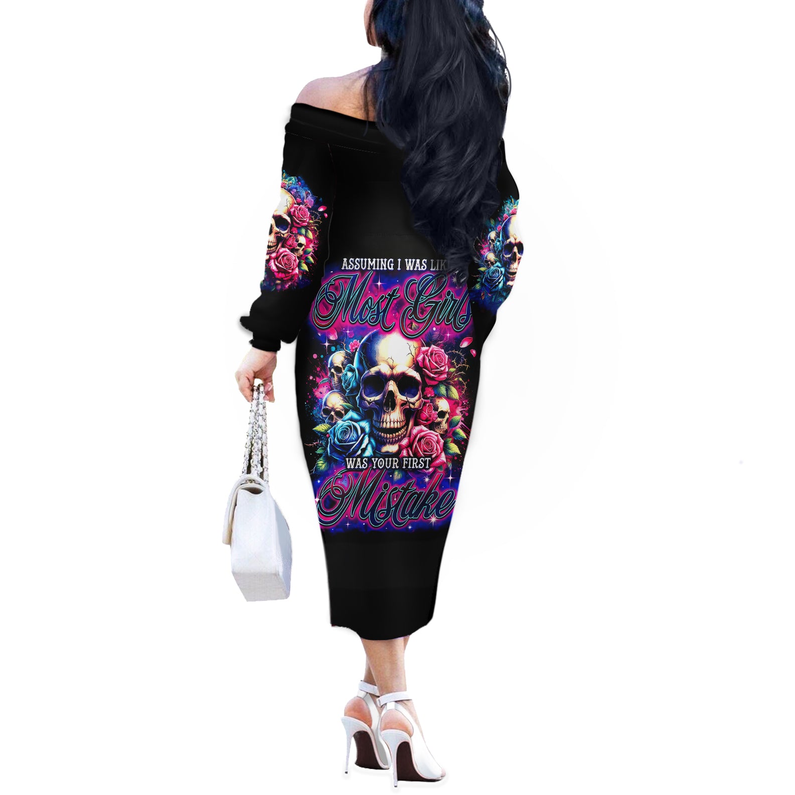 Rose Skull Off The Shoulder Long Sleeve Dress Assuming I Was Like Most Girls Was Your First Mistake - Wonder Print Shop