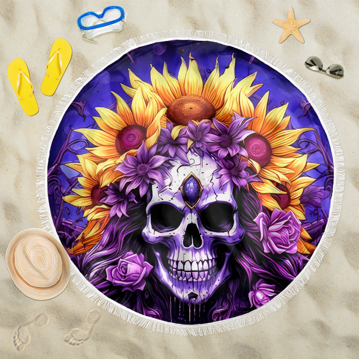 Sunflower Skull Beach Blanket She Is Sunshine Mixed With A Little Hurricane - Wonder Print Shop