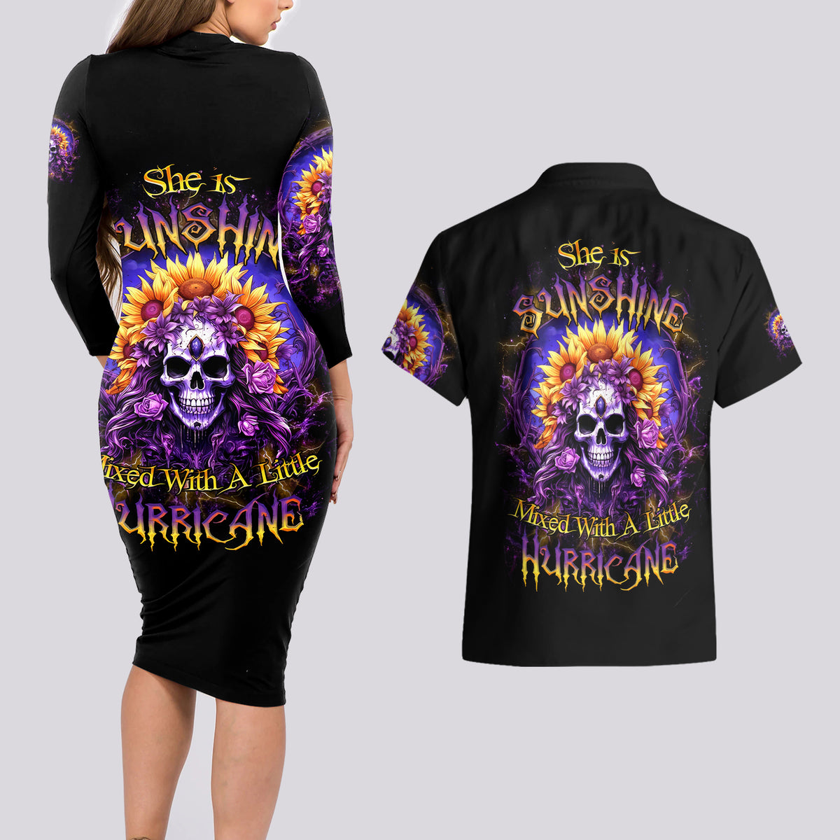 Sunflower Skull Couples Matching Long Sleeve Bodycon Dress and Hawaiian Shirt She Is Sunshine Mixed With A Little Hurricane - Wonder Print Shop