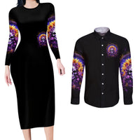 Sunflower Skull Couples Matching Long Sleeve Bodycon Dress and Long Sleeve Button Shirt She Is Sunshine Mixed With A Little Hurricane - Wonder Print Shop