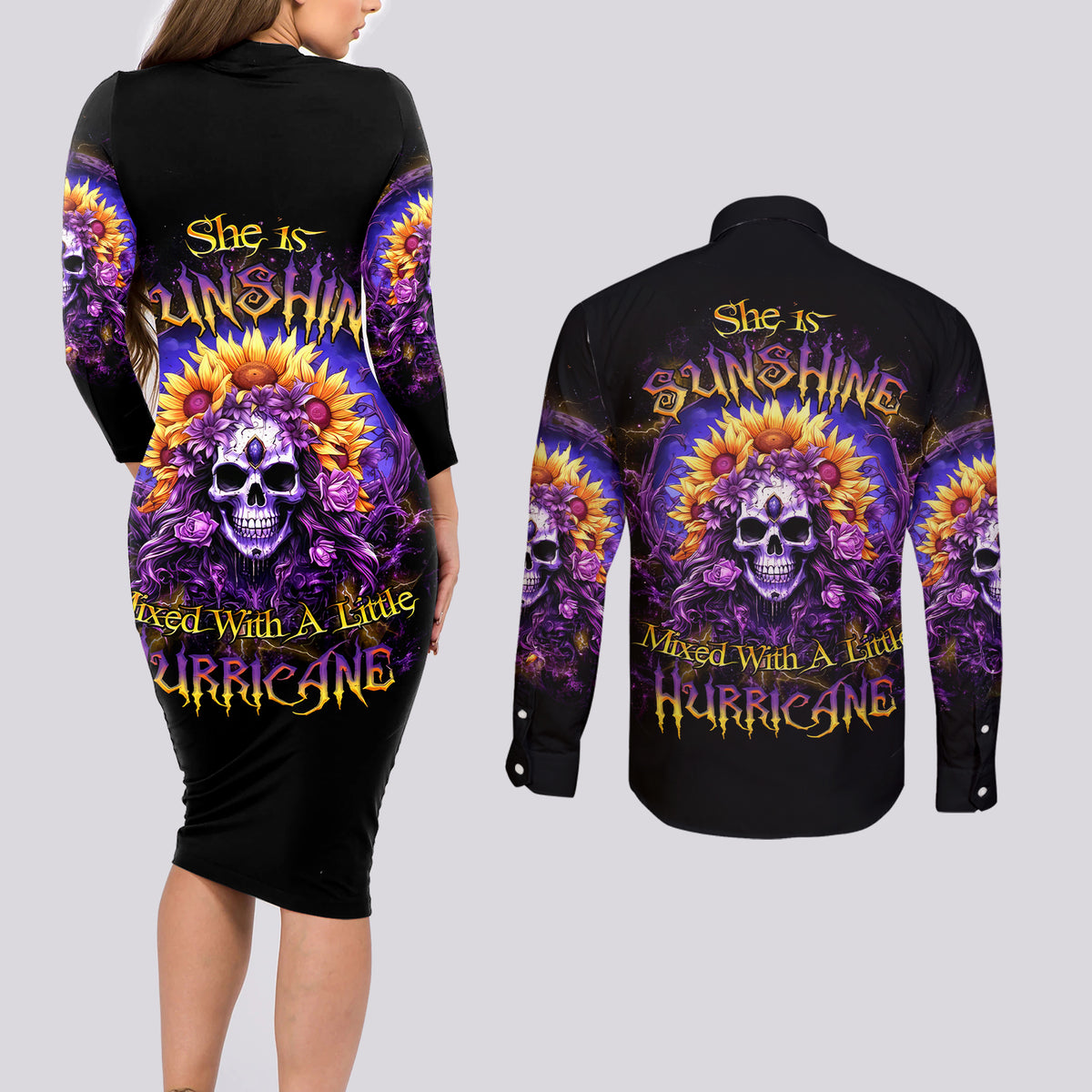 Sunflower Skull Couples Matching Long Sleeve Bodycon Dress and Long Sleeve Button Shirt She Is Sunshine Mixed With A Little Hurricane - Wonder Print Shop