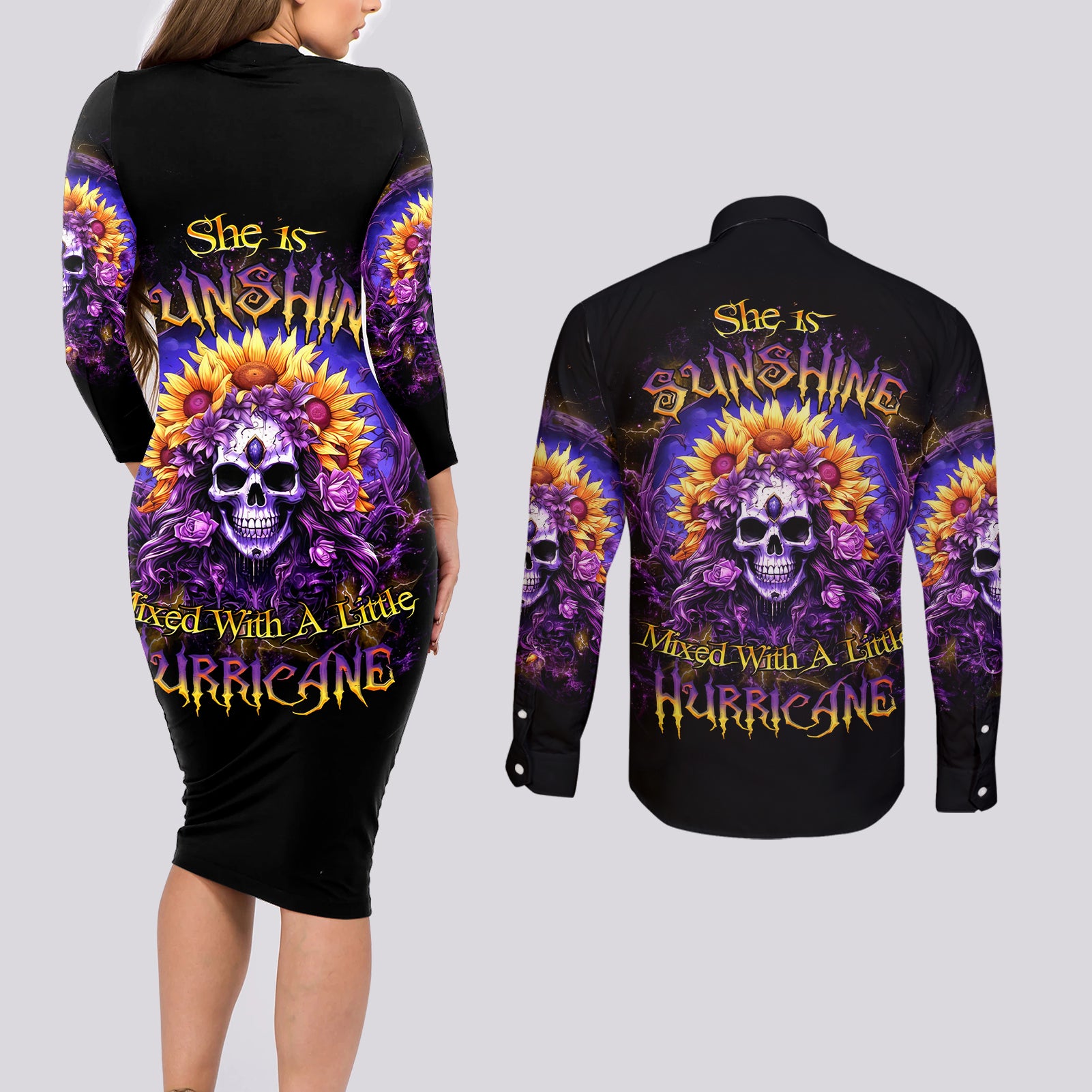 Sunflower Skull Couples Matching Long Sleeve Bodycon Dress and Long Sleeve Button Shirt She Is Sunshine Mixed With A Little Hurricane - Wonder Print Shop