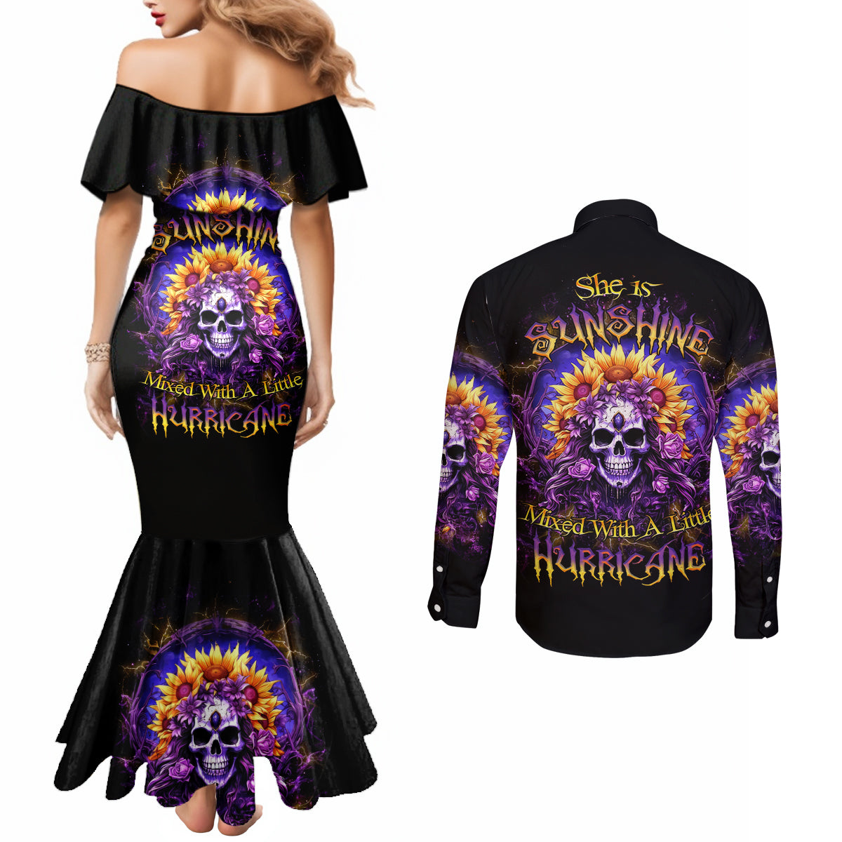 Sunflower Skull Couples Matching Mermaid Dress and Long Sleeve Button Shirt She Is Sunshine Mixed With A Little Hurricane