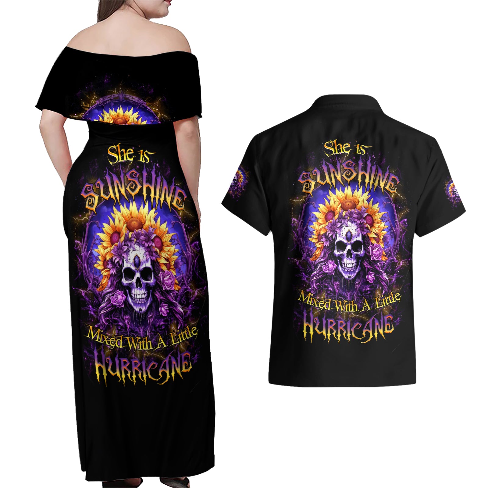 Sunflower Skull Couples Matching Off Shoulder Maxi Dress and Hawaiian Shirt She Is Sunshine Mixed With A Little Hurricane - Wonder Print Shop