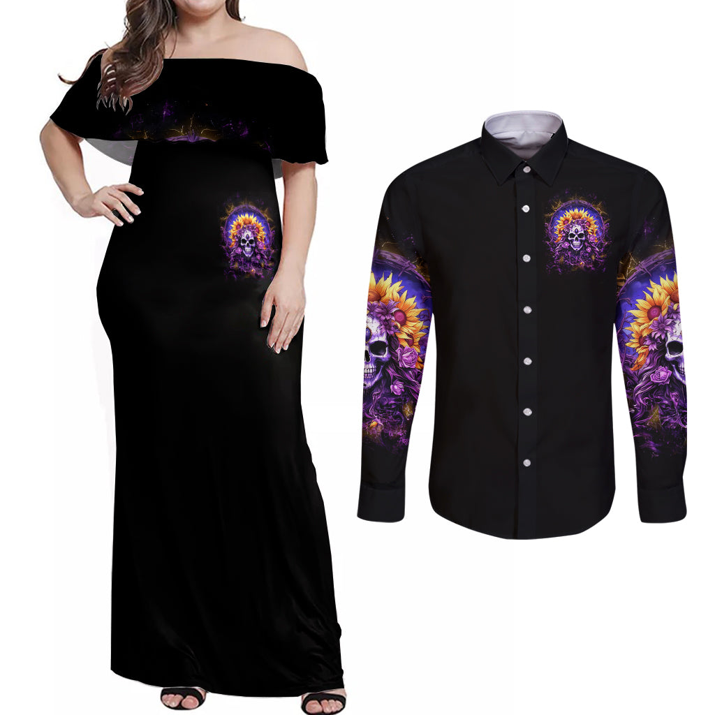 Sunflower Skull Couples Matching Off Shoulder Maxi Dress and Long Sleeve Button Shirt She Is Sunshine Mixed With A Little Hurricane - Wonder Print Shop
