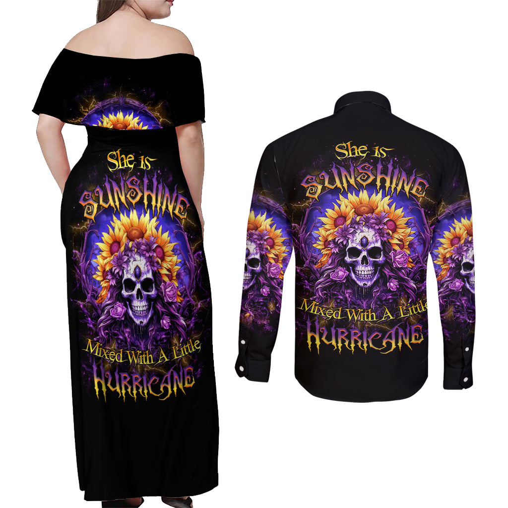 Sunflower Skull Couples Matching Off Shoulder Maxi Dress and Long Sleeve Button Shirt She Is Sunshine Mixed With A Little Hurricane - Wonder Print Shop