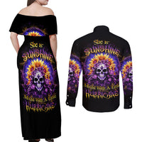Sunflower Skull Couples Matching Off Shoulder Maxi Dress and Long Sleeve Button Shirt She Is Sunshine Mixed With A Little Hurricane - Wonder Print Shop