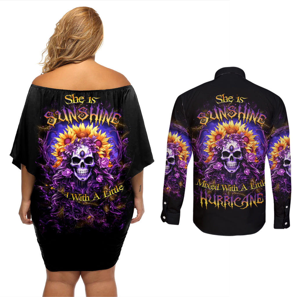 Sunflower Skull Couples Matching Off Shoulder Short Dress and Long Sleeve Button Shirt She Is Sunshine Mixed With A Little Hurricane - Wonder Print Shop