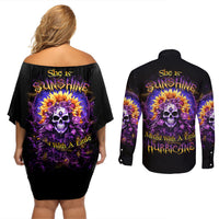 Sunflower Skull Couples Matching Off Shoulder Short Dress and Long Sleeve Button Shirt She Is Sunshine Mixed With A Little Hurricane - Wonder Print Shop