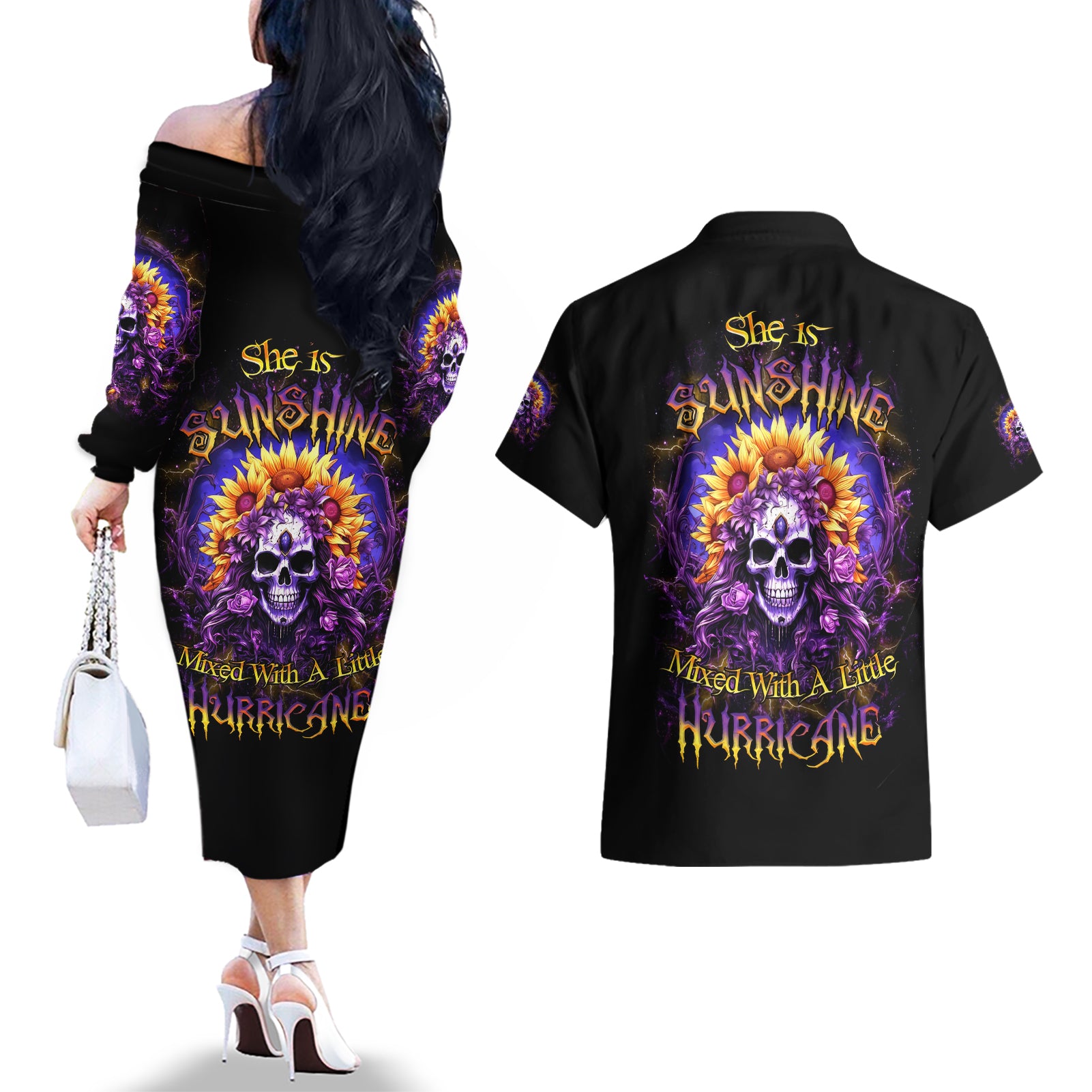 Sunflower Skull Couples Matching Off The Shoulder Long Sleeve Dress and Hawaiian Shirt She Is Sunshine Mixed With A Little Hurricane - Wonder Print Shop