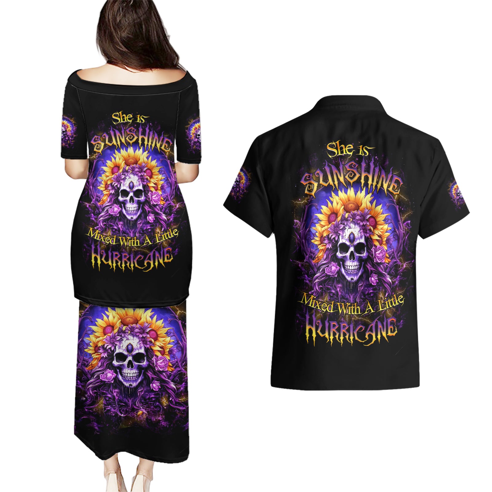 Sunflower Skull Couples Matching Puletasi and Hawaiian Shirt She Is Sunshine Mixed With A Little Hurricane - Wonder Print Shop