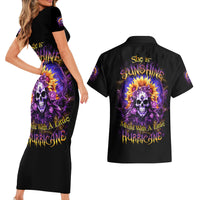 Sunflower Skull Couples Matching Short Sleeve Bodycon Dress and Hawaiian Shirt She Is Sunshine Mixed With A Little Hurricane - Wonder Print Shop