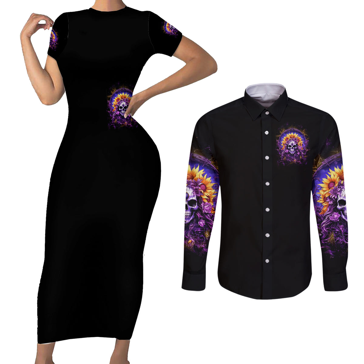 Sunflower Skull Couples Matching Short Sleeve Bodycon Dress and Long Sleeve Button Shirt She Is Sunshine Mixed With A Little Hurricane - Wonder Print Shop
