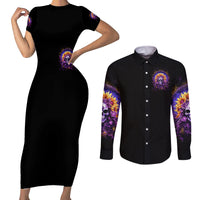 Sunflower Skull Couples Matching Short Sleeve Bodycon Dress and Long Sleeve Button Shirt She Is Sunshine Mixed With A Little Hurricane - Wonder Print Shop