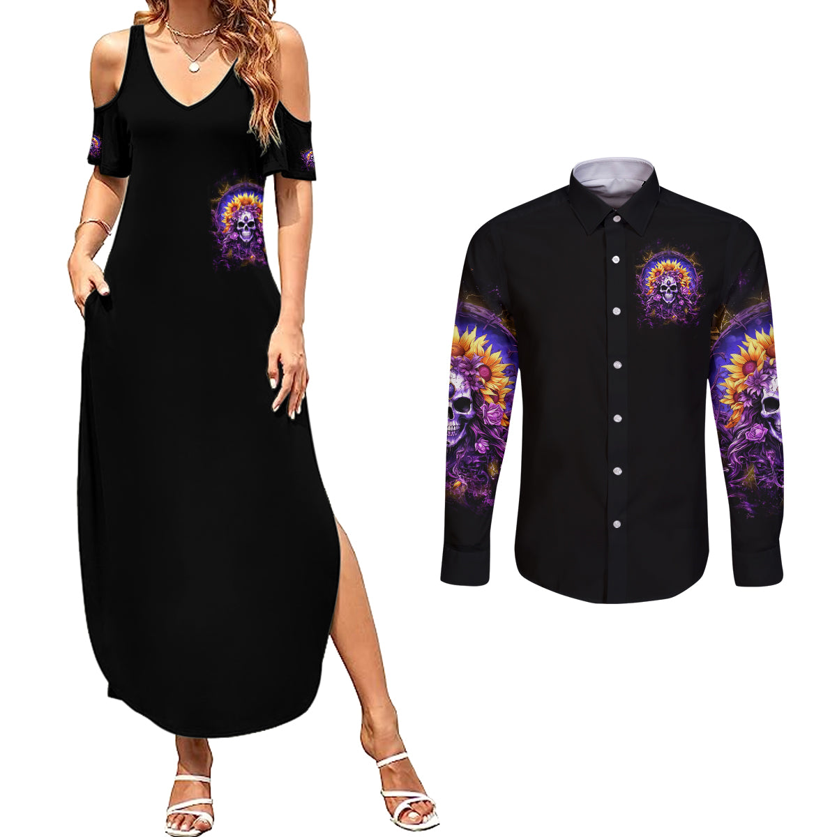 Sunflower Skull Couples Matching Summer Maxi Dress and Long Sleeve Button Shirt She Is Sunshine Mixed With A Little Hurricane - Wonder Print Shop