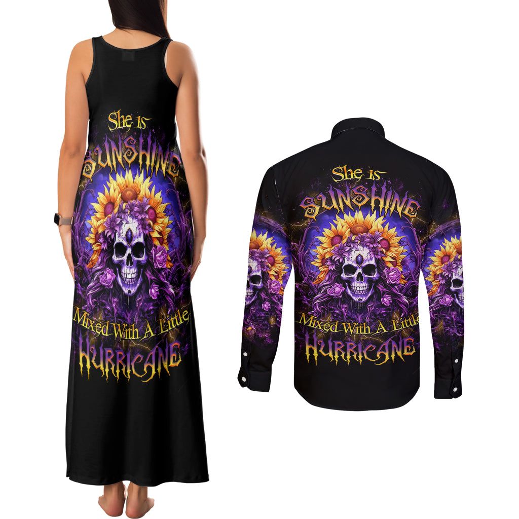 Sunflower Skull Couples Matching Tank Maxi Dress and Long Sleeve Button Shirt She Is Sunshine Mixed With A Little Hurricane - Wonder Print Shop