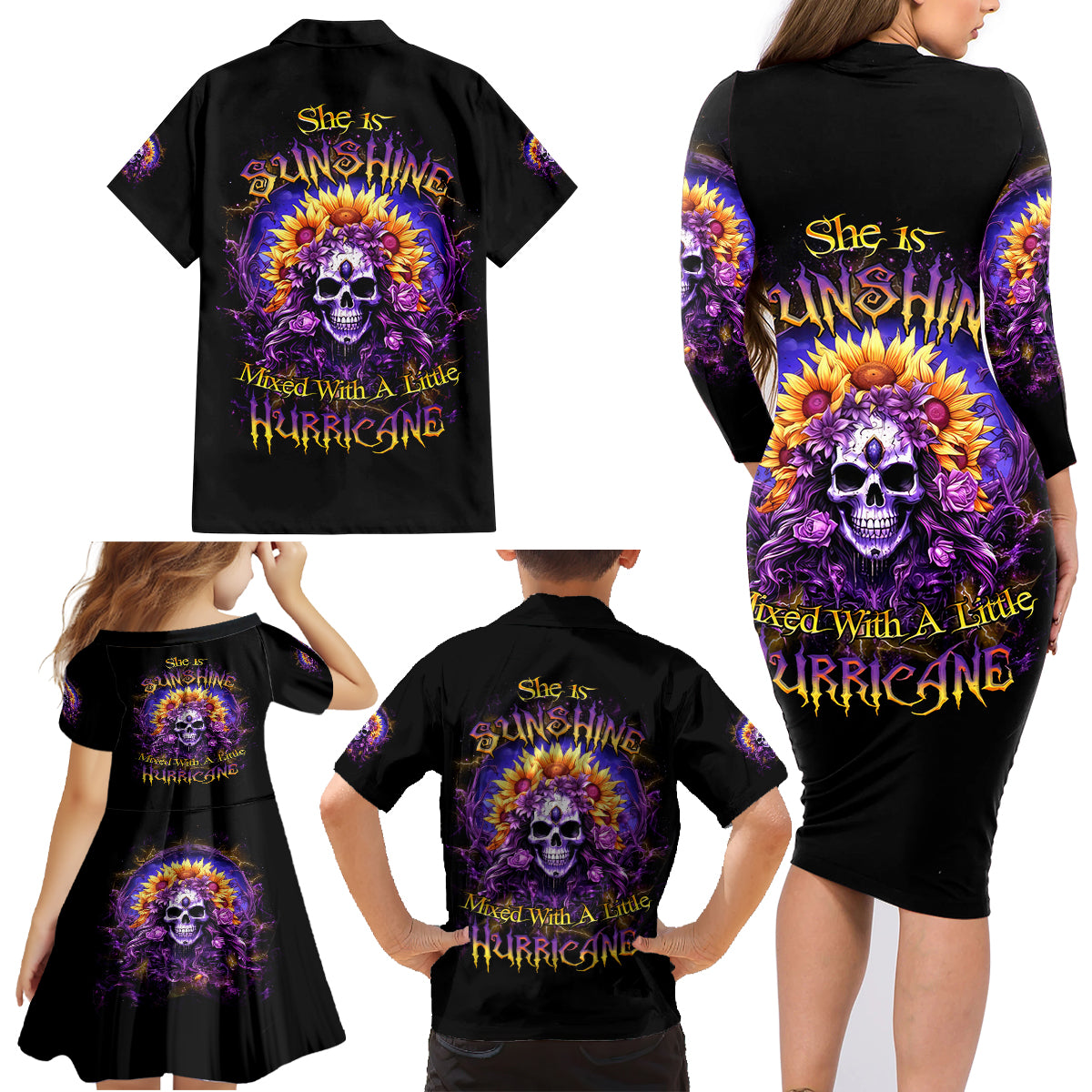 Sunflower Skull Family Matching Long Sleeve Bodycon Dress and Hawaiian Shirt She Is Sunshine Mixed With A Little Hurricane - Wonder Print Shop