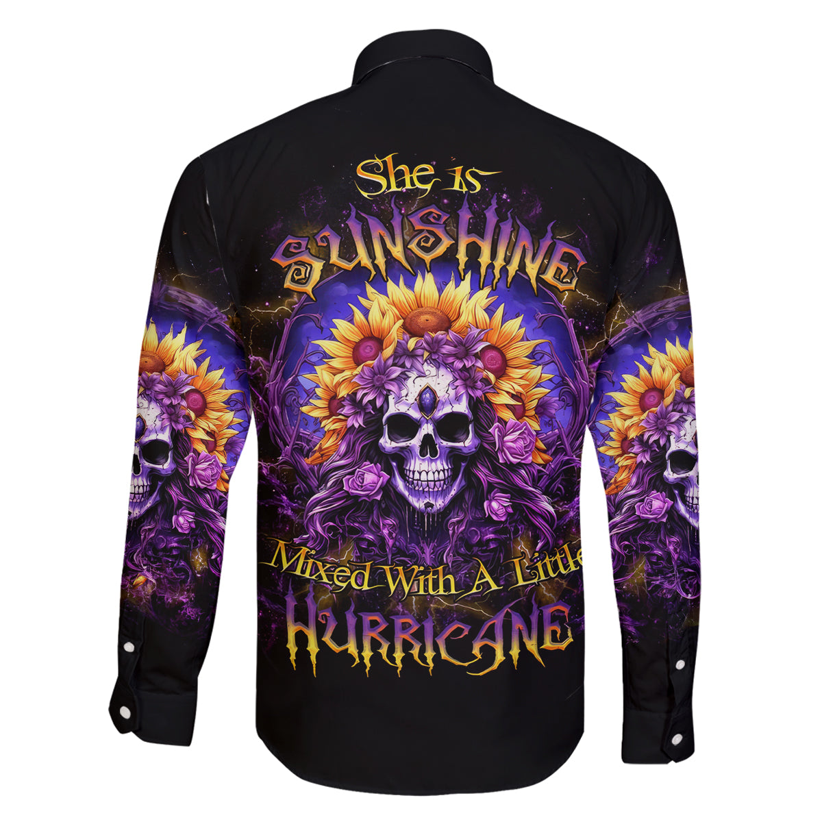 Sunflower Skull Family Matching Long Sleeve Bodycon Dress and Hawaiian Shirt She Is Sunshine Mixed With A Little Hurricane - Wonder Print Shop