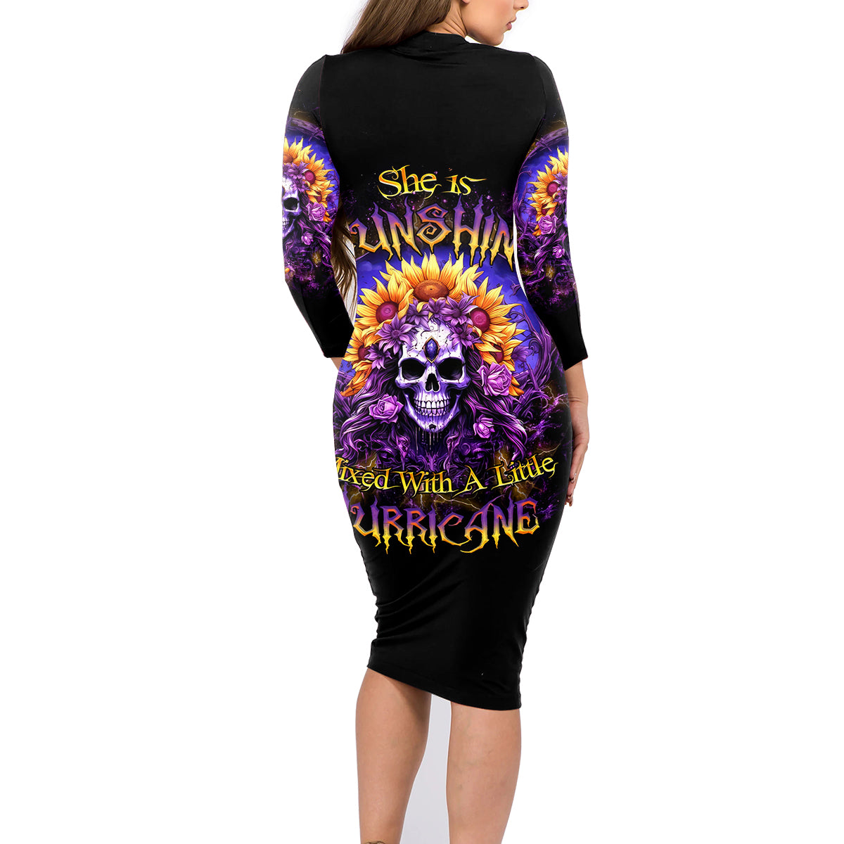 Sunflower Skull Family Matching Long Sleeve Bodycon Dress and Hawaiian Shirt She Is Sunshine Mixed With A Little Hurricane - Wonder Print Shop