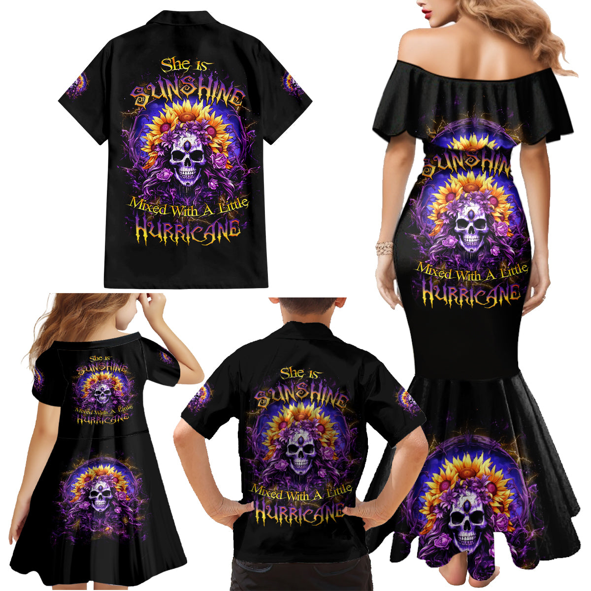 Sunflower Skull Family Matching Mermaid Dress and Hawaiian Shirt She Is Sunshine Mixed With A Little Hurricane - Wonder Print Shop