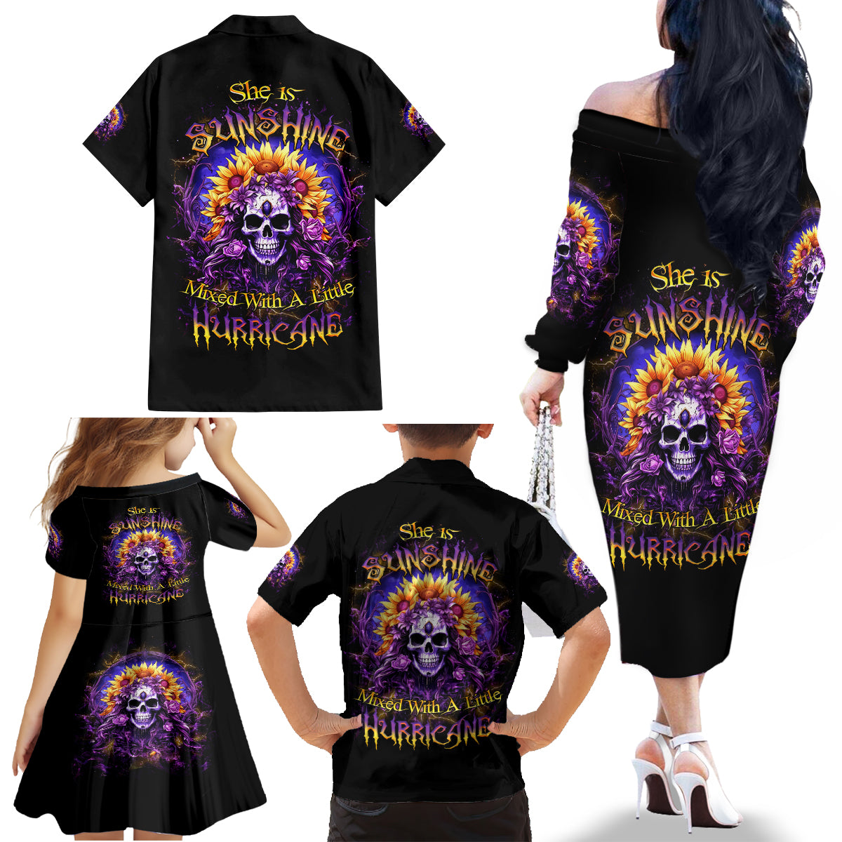 Sunflower Skull Family Matching Off Shoulder Long Sleeve Dress and Hawaiian Shirt She Is Sunshine Mixed With A Little Hurricane - Wonder Print Shop