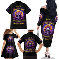 Sunflower Skull Family Matching Off Shoulder Long Sleeve Dress and Hawaiian Shirt She Is Sunshine Mixed With A Little Hurricane - Wonder Print Shop